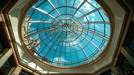 Gorgeous round glass ceiling roof at the buildings lobby