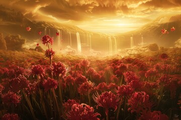 A surreal depiction of a vast field of Lycoris radiata flowers, their bright red blooms.Equinox flower.Lycoris radiata.Red spider lily.Red magic lily.