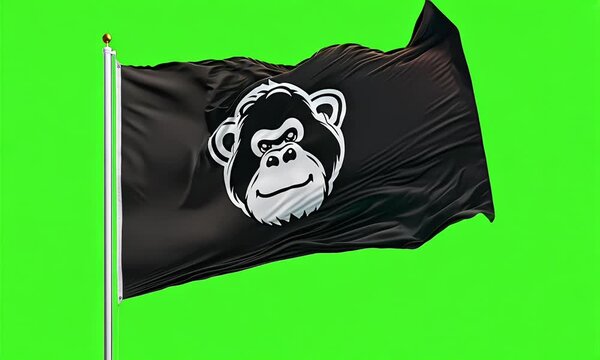 Stoic gorilla face on a black flag waving against a vibrant green chroma background, symbolizing power and dominance.