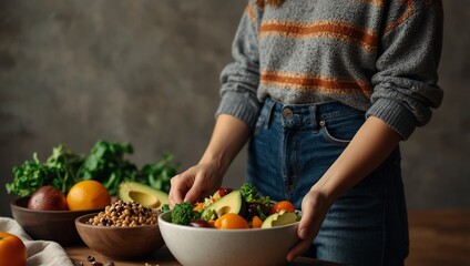 Healthy vegetarian dinner. Woman in jeans and warm sweater holding bowl with fresh salad, avocado, grains, beans, roasted vegetables, close-up. Superfood, clean eating, vegan, dieting food concept