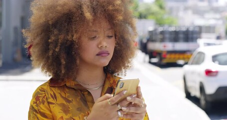 Bad news, shock and woman in city with phone for social media, negative text message and notification. Communication, networking and person unhappy, upset and stressed on smartphone in urban town