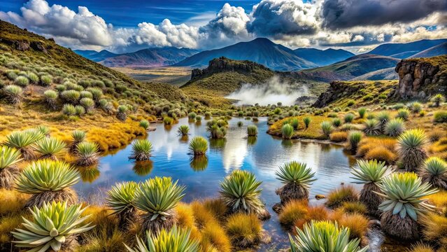 Landscape of frailejon plants in the Colombian paramo with hotsprings and mountains in Murillo, Tolima