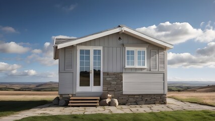 A grey mobile house with shutters on the front and a stone skirting or base sits beneath a beautiful sky.