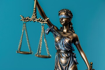 Hyper-Realistic 3D Illustration of Lady Justice Statue Holding Scales of Justice on Blue Background. Cinematic Lighting and Soft Shadows with Clean Focus and Film Grain Effect.