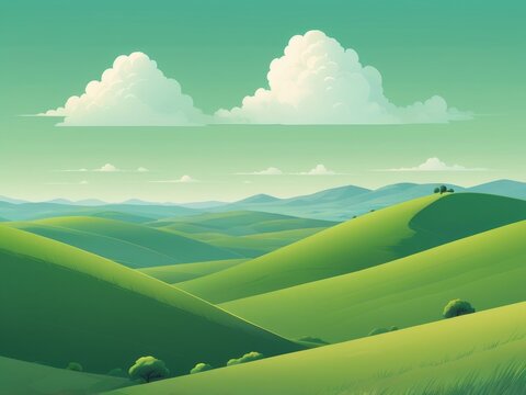 A lush verdant landscape with rolling hills and fluffy clouds in the sky