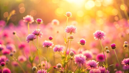 Obraz premium Pink Flowers in a Field at Sunset.