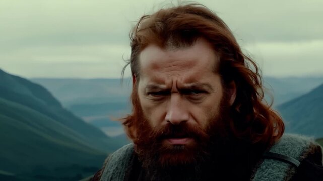 The determined expression of a Scottish Highlander is shown in a close up as he fiercely defends his land.