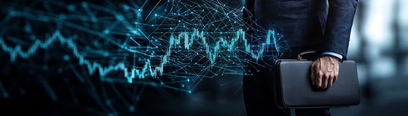 A businessman holds a briefcase against a backdrop of digital graphs, symbolizing finance and market analysis.