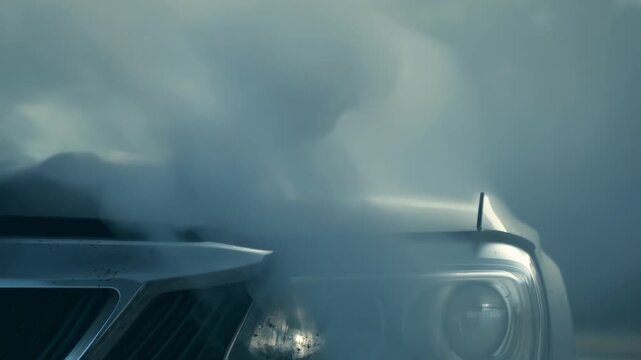 A cloud of grey smoke emanating from a car parked on the side of the road its engine clearly experiencing issues.