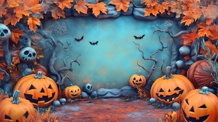 A pumpkin jack-o'-lantern and ghosts surrounded by autumn leaves is a typical Halloween scene. Perfect for festive decorations or Halloween-themed designs.Generative AI