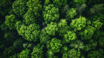 Naklejka premium A lush green forest with many trees and a lot of green leaves