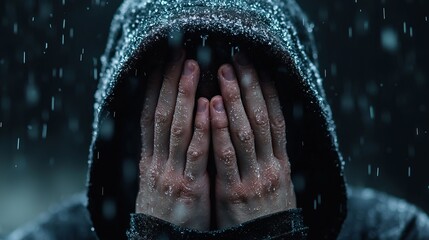 Obraz premium A somber figure cloaked in a hood, shielding their face from the rain, evoking feelings of despair and isolation.