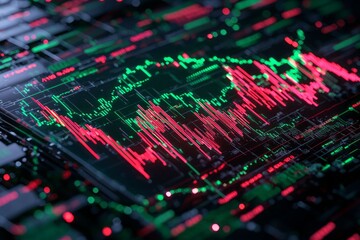 Obraz premium Abstract digital trading graph with light effects showcasing fluctuations in green and red colors on a dark background.