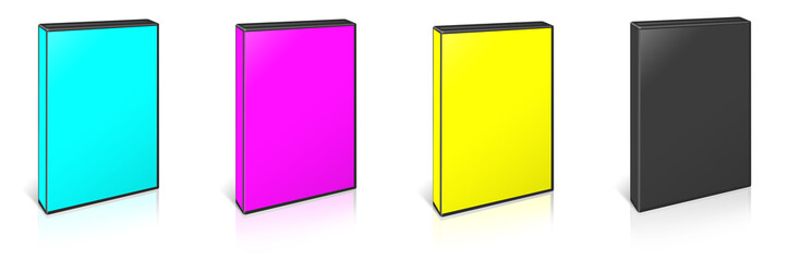 DVD box blank template  black, cyan, yellow and magenta (CMYK) for presentation layouts and design. 3D rendering.