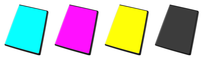 DVD box blank template  black, cyan, yellow and magenta (CMYK) for presentation layouts and design. 3D rendering.
