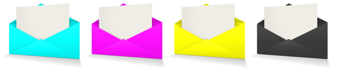 Three Postal envelope blank template black, cyan, yellow, magenta, CMYK for presentation layouts and design.