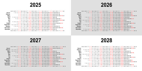 2025 2026 2027 2028 linear calendar, 12 months wall or desk planner with each month in row, vector template, germany month names