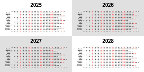 2025 2026 2027 2028 linear calendar, 12 months wall or desk planner with each month in row, vector template, italian month names
