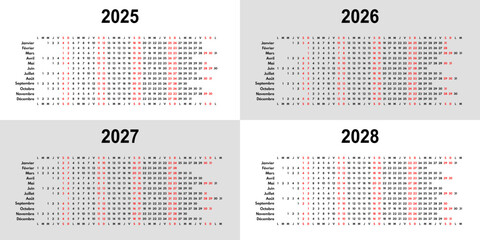 2025 2026 2027 2028 linear calendar, 12 months wall or desk planner with each month in row, vector template, french month names
