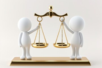 3D Icon of Two White Cartoon Figures Holding Golden Scales, Symbolizing Law and Justice with a Light Gold Color Scheme on a White Background