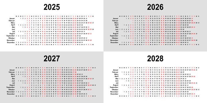 2025 2026 2027 2028 linear calendar, 12 months wall or desk planner with each month in row, vector template, germany month names