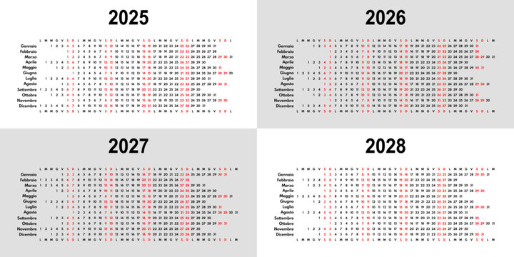 2025 2026 2027 2028 linear calendar, 12 months wall or desk planner with each month in row, vector template, italian month names