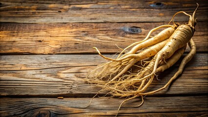 Obraz premium Ginseng root on rustic wooden background, ginseng, Panax ginseng, herbal remedy, traditional medicine, health, energy