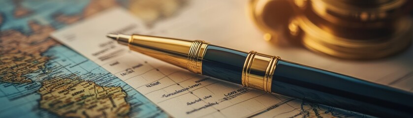 luxury pen resting on a vintage world map, symbolizing exploration and adventure for travel enthusiasts.