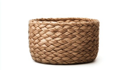 Eco-friendly basket made from natural fibers, featuring subtle silk highlights, isolated on white