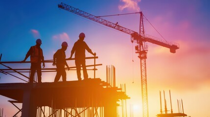 Construction Workers on Building Site at Sunset with Crane in Background