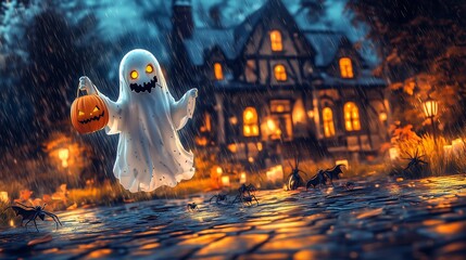Cute ghost with jack-o-lantern and trick-or-treat bag,Generative AI,ジャックオーランタンとトリックオアトリートバッグを持っている可愛い幽霊,Generative AI