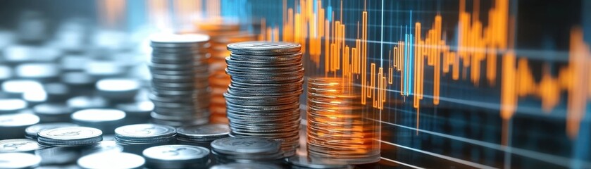 Obraz premium stacks of coins with a financial graph in the background, symbolizing investment and economic growth.