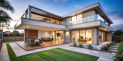 Fototapeta premium Modern Australian house with sleek design and spacious outdoor living area, sustainable, minimalist, contemporary