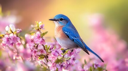 Blue Bird Perched on a Blooming Branch