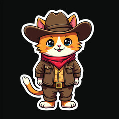Cute Cat wear Cowboy Uniform Vector Printable for T-shirt, Children Kids funny Cartoon Illustration