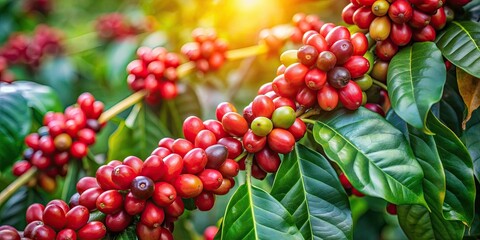 Coffee plant with vibrant red ripe cherries ready for harvest , Coffee, process, concept, growth, agricultural, farm, plantation