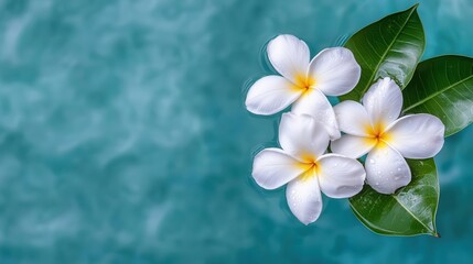 Fototapeta premium Beautiful white flowers with yellow center resting on green leaves, set against a serene turquoise background.