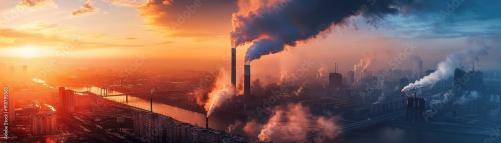 Wall mural a dramatic industrial skyline at sunset with smoke rising from chimneys, showcasing the impact of po