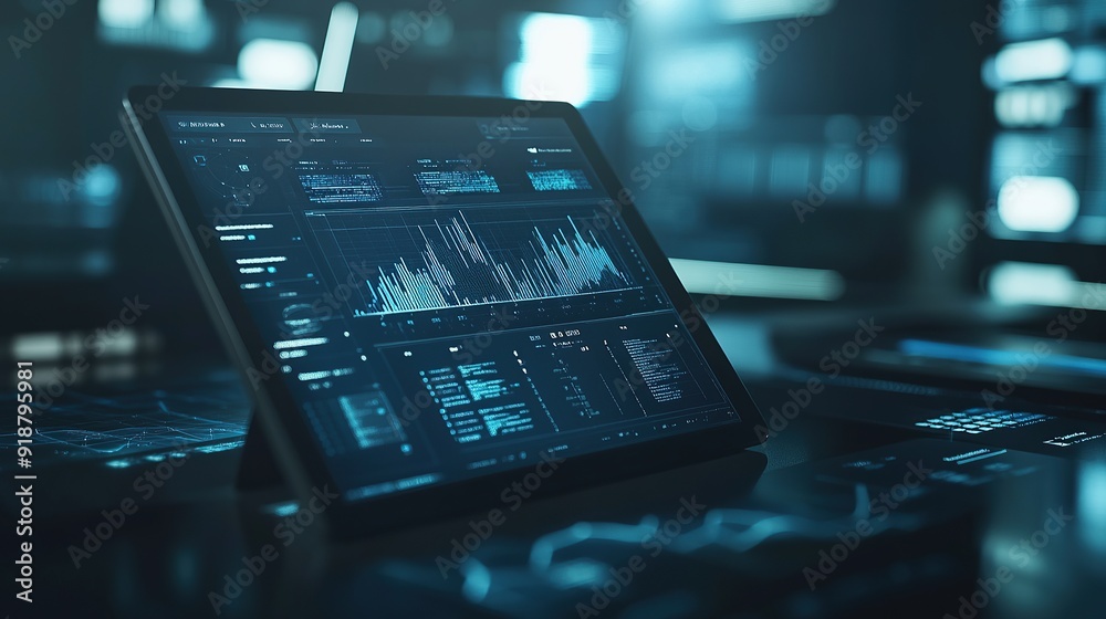 Poster modern workspace with digital tablet displaying data analytics in a futuristic office setting