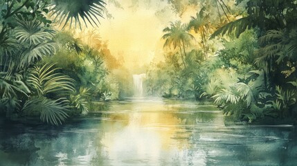 Fototapeta premium Watercolor Painting of a Tropical Rainforest River with a Waterfall