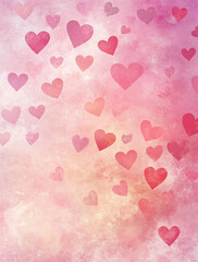 Valentine's Day background with pink and red hearts on a soft watercolor texture in pastel colors