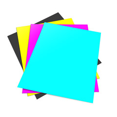 Four CMYK Reports blank template black, cyan, yellow, magenta for presentation layouts and design. 3D rendering.