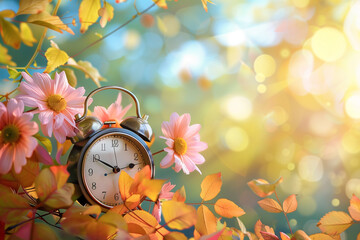  Rustic alarm clock surrounded by vibrant autumn leaves and blooming flowers in nature