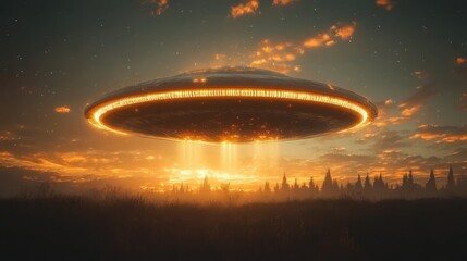 A large, glowing UFO is hovering over a field of trees