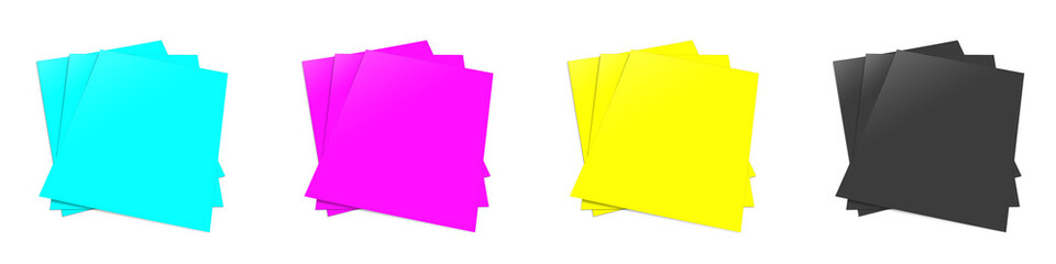 Four CMYK Reports blank template black, cyan, yellow, magenta for presentation layouts and design. 3D rendering.