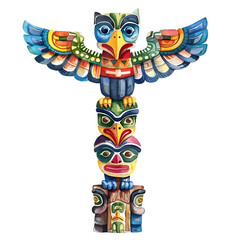 a super-cute comic cartoon Totem Pole, full body, watercolor illustration