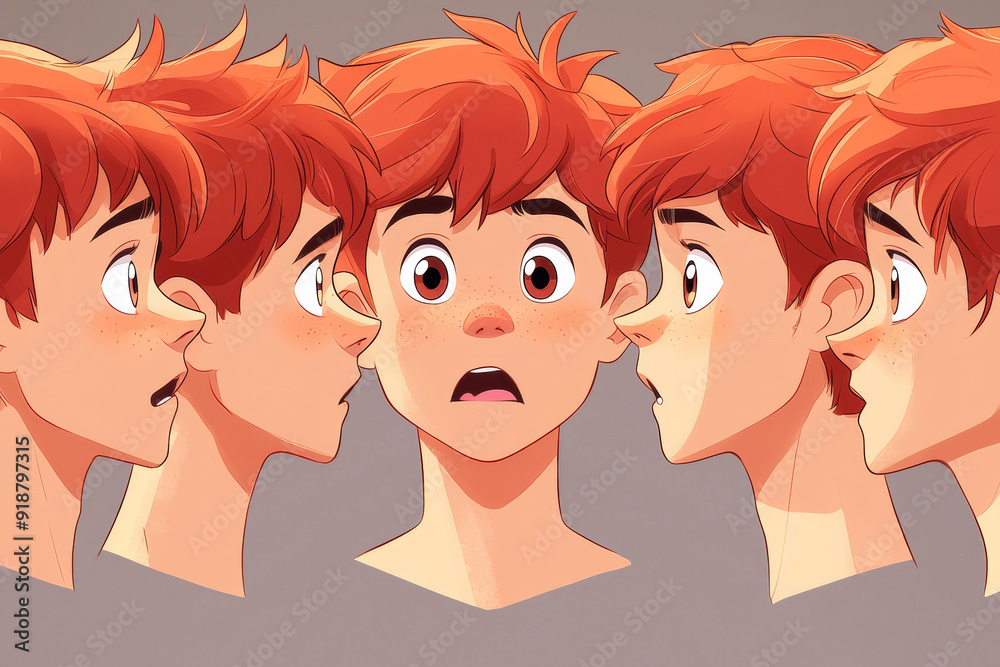 Wall mural Emotional face cartoon character young office man 3/4 side view design vector illustration set. Happy, smiling, upset, surprised, sad, angry, shouting red hair person flat style concept