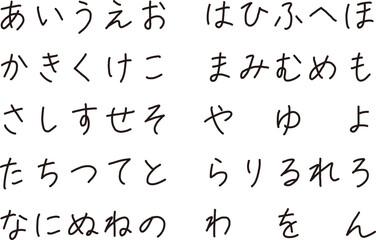 シンプルでクセのない手書きのひらがなの日本語文字のセット
