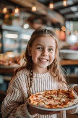  Happy young girl smiling while enjoying a slice of cheesy pizza