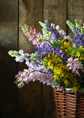 bouquet of lupines as a background, close-up. blooming inflorescences.